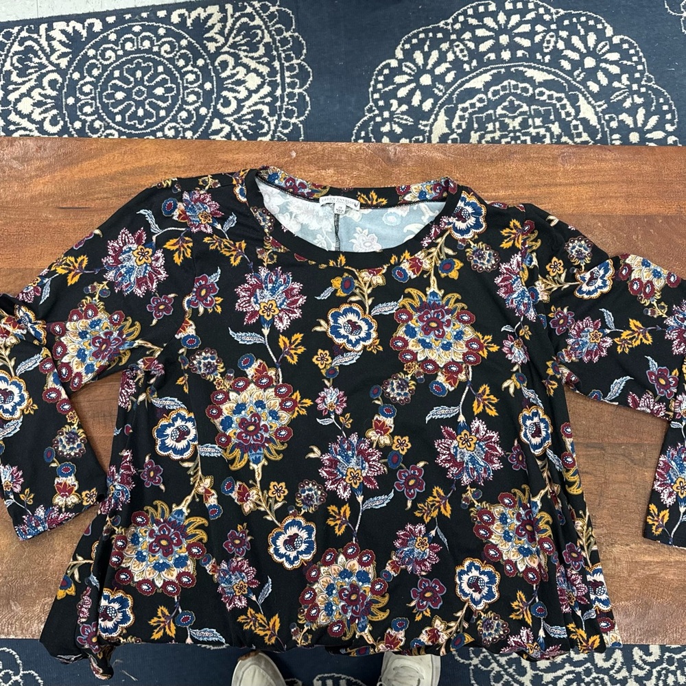 Green Envelope Blouse Black Floral 3/4‎ Length Sleeve Boho Women’s Size 2X - Picture 4 of 6